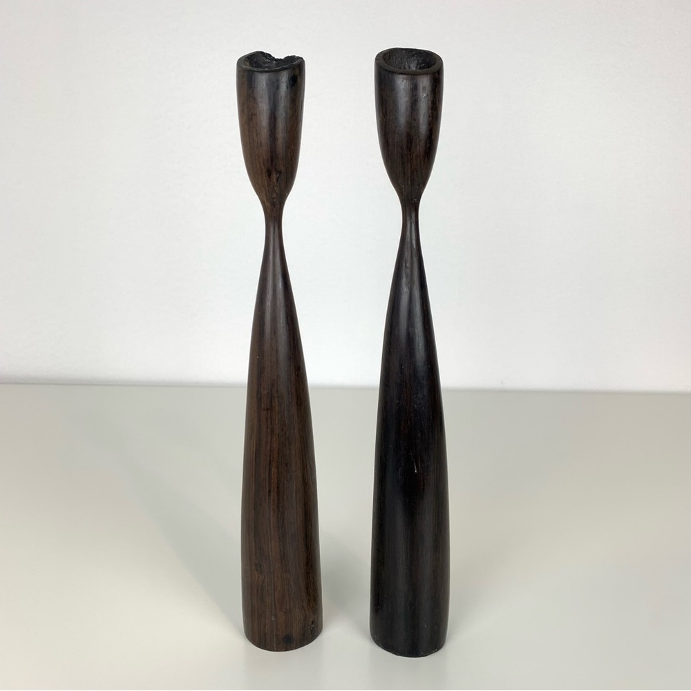 Pair Tall Candle Holder MCM Dark Wood Tulip Vtg Retro Scandinavian Style 12”Read